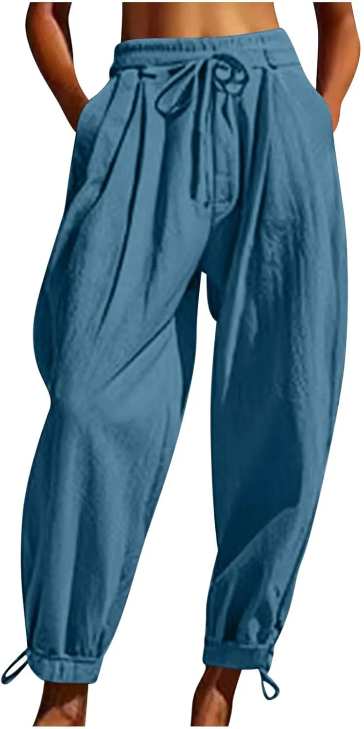 2025 Summer Linen Pants for Womens Baggy Cropped Trousers Drawstring High Waist Lounge Pants Beach Slacks with Pockets
