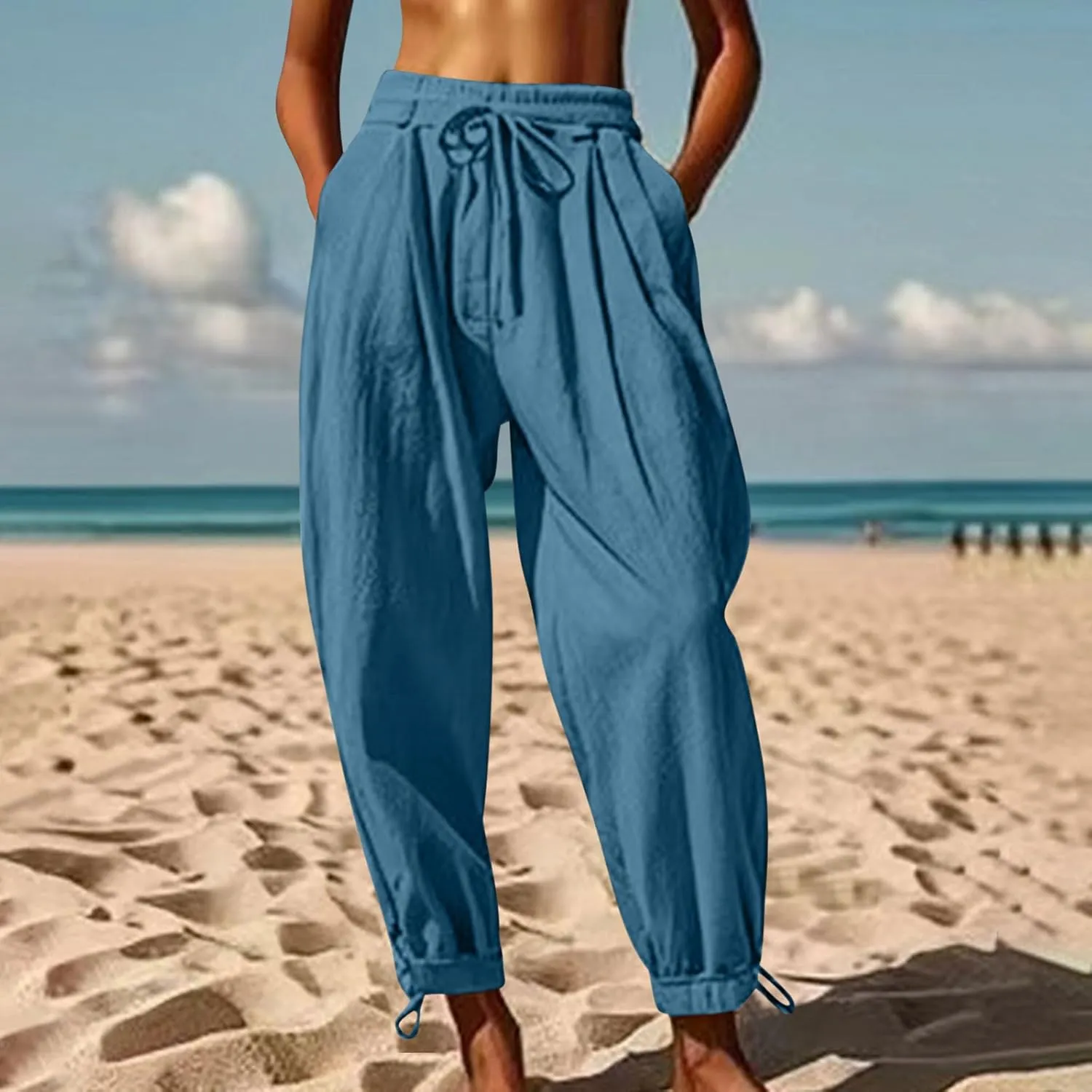 2025 Summer Linen Pants for Womens Baggy Cropped Trousers Drawstring High Waist Lounge Pants Beach Slacks with Pockets
