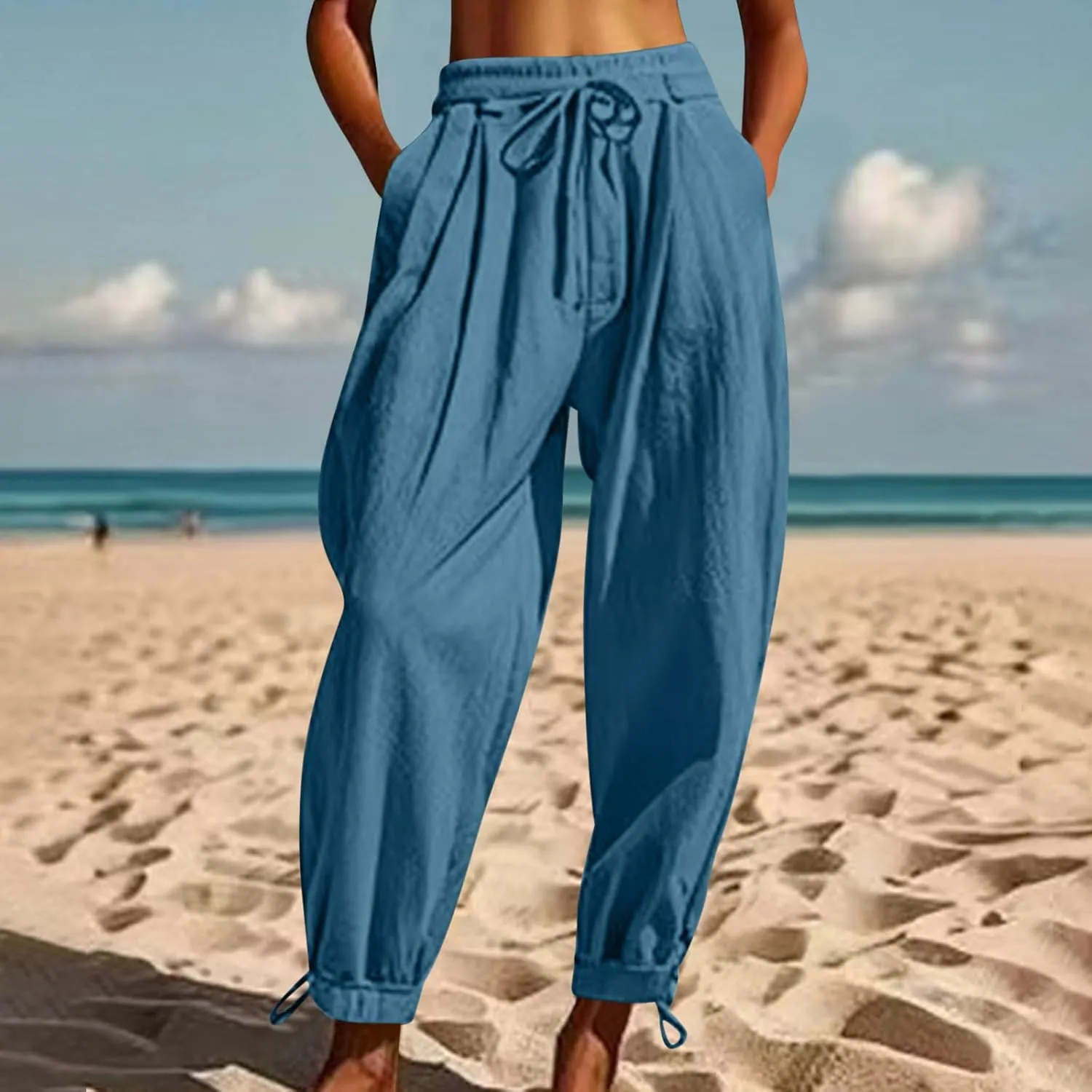 2025 Summer Linen Pants for Womens Baggy Cropped Trousers Drawstring High Waist Lounge Pants Beach Slacks with Pockets