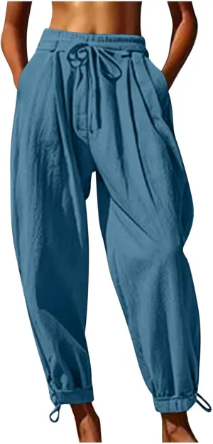2025 Summer Linen Pants for Womens Baggy Cropped Trousers Drawstring High Waist Lounge Pants Beach Slacks with Pockets