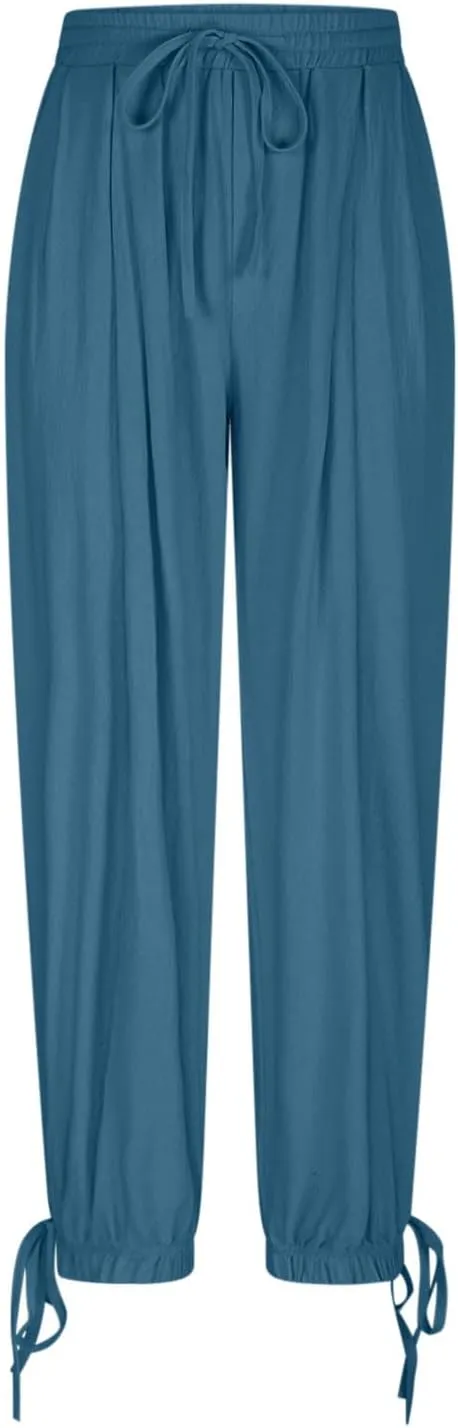 2025 Summer Linen Pants for Womens Baggy Cropped Trousers Drawstring High Waist Lounge Pants Beach Slacks with Pockets