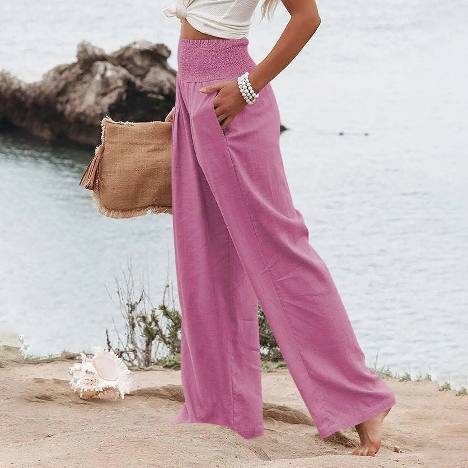 4th of July Wide Leg Pants for Women Patriotic Elastic Waist Independence Day Red White and Blue Pants with Pockets