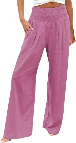 4th of July Wide Leg Pants for Women Patriotic Elastic Waist Independence Day Red White and Blue Pants with Pockets