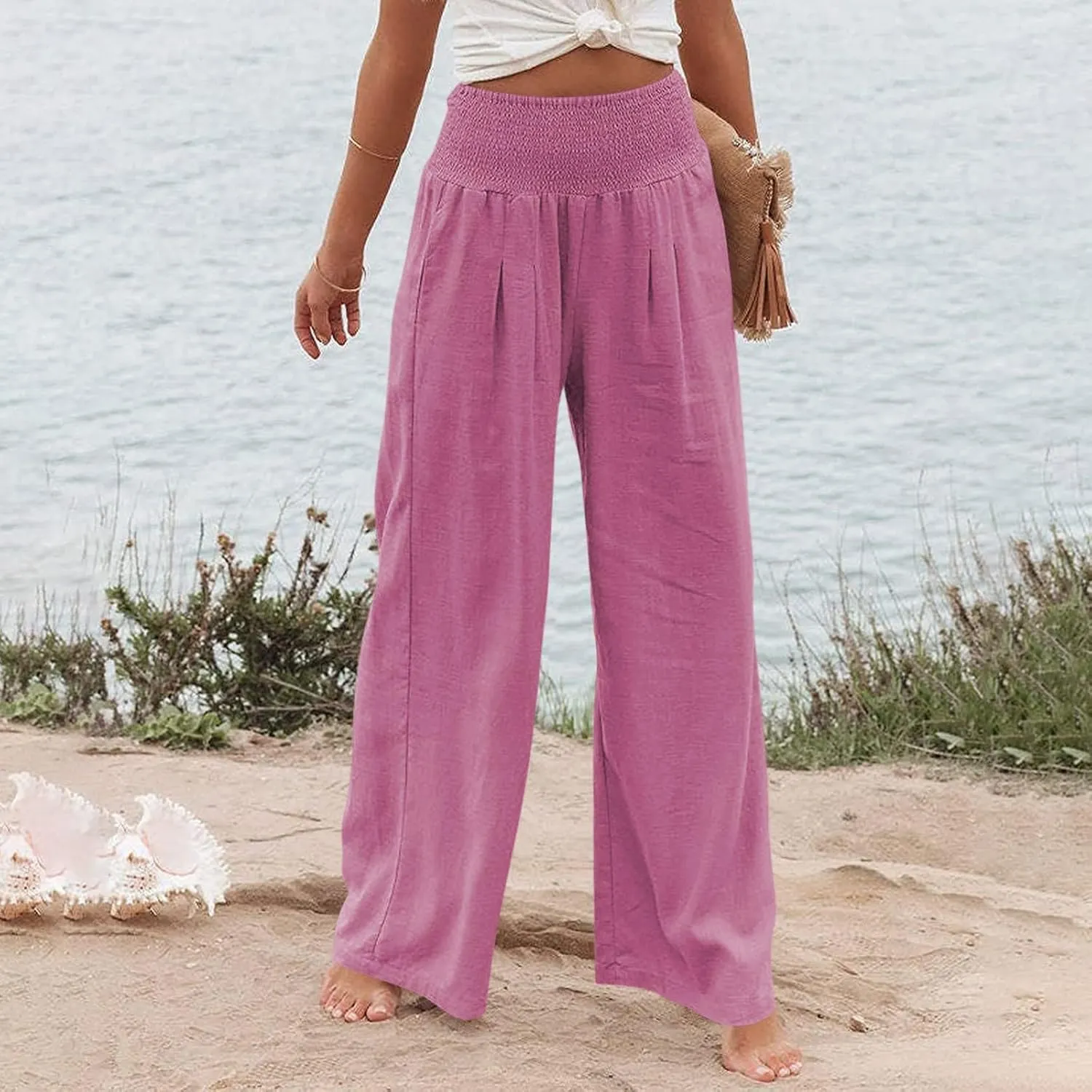 4th of July Wide Leg Pants for Women Patriotic Elastic Waist Independence Day Red White and Blue Pants with Pockets
