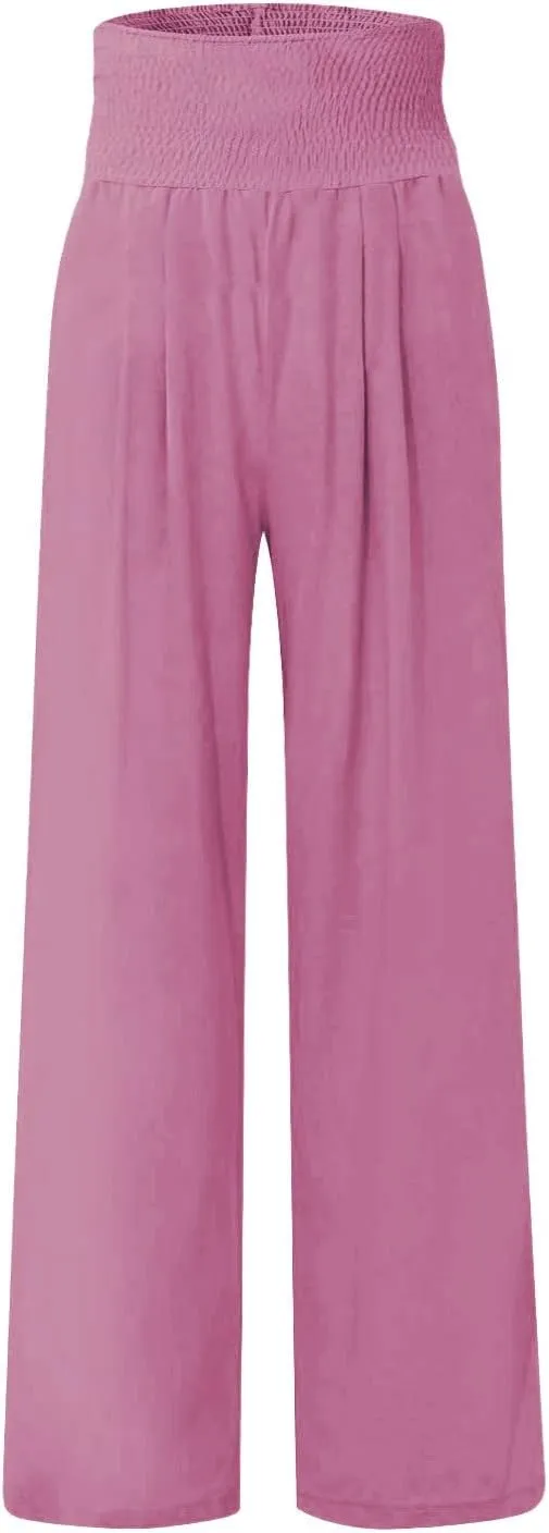 4th of July Wide Leg Pants for Women Patriotic Elastic Waist Independence Day Red White and Blue Pants with Pockets
