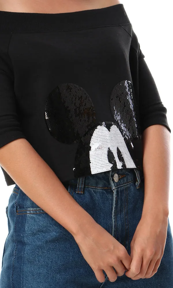 93114 Sequins Mickey Loose Cropped Black Top
