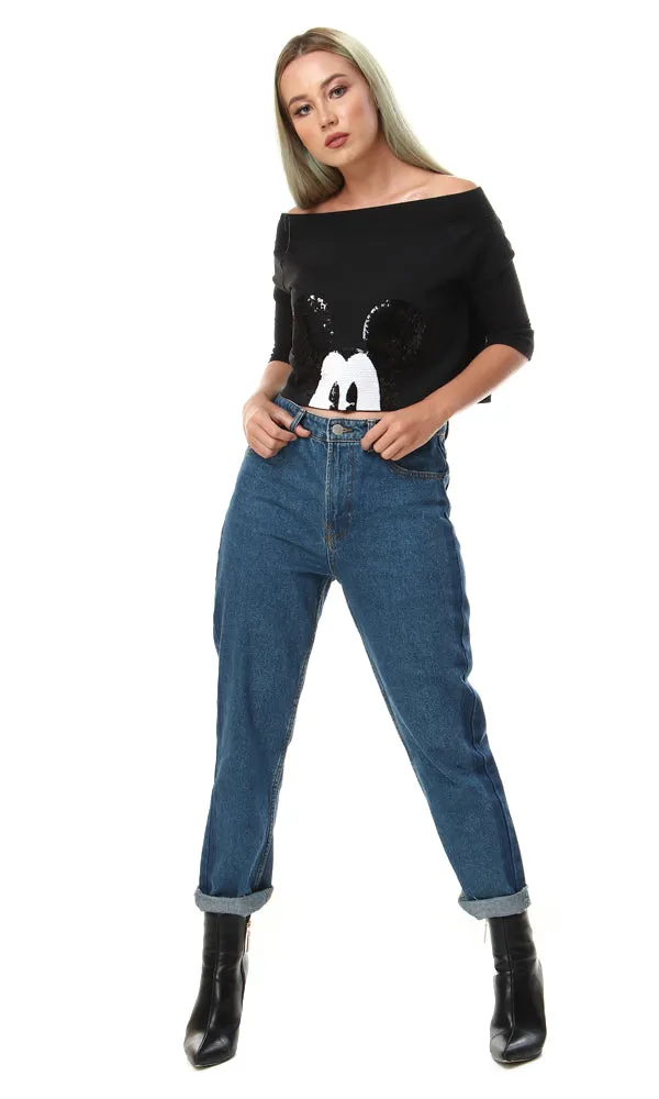 93114 Sequins Mickey Loose Cropped Black Top