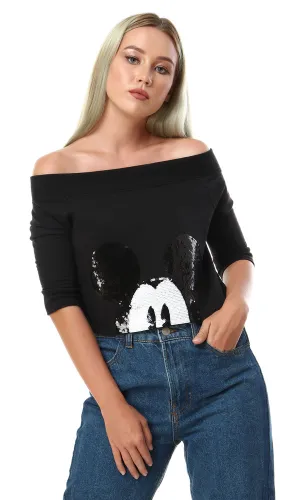 93114 Sequins Mickey Loose Cropped Black Top