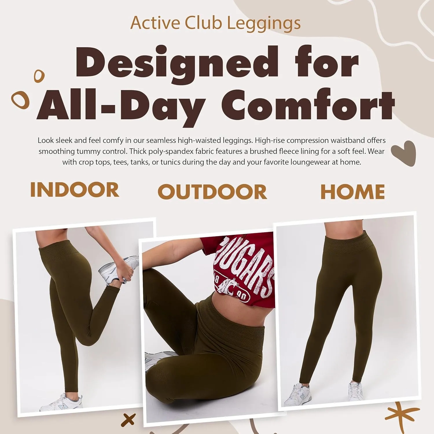 Active Club 3 or 6-Pack Fleece Lined Leggings for Women, High-Waisted Womens Leggings with Wide Waistband and Fleece Lining