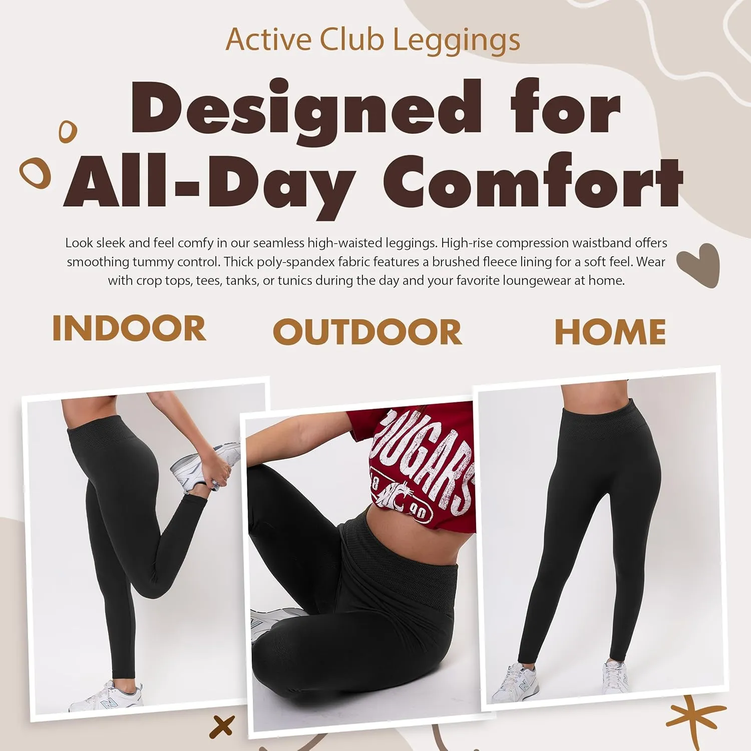 Active Club 3 or 6-Pack Fleece Lined Leggings for Women, High-Waisted Womens Leggings with Wide Waistband and Fleece Lining