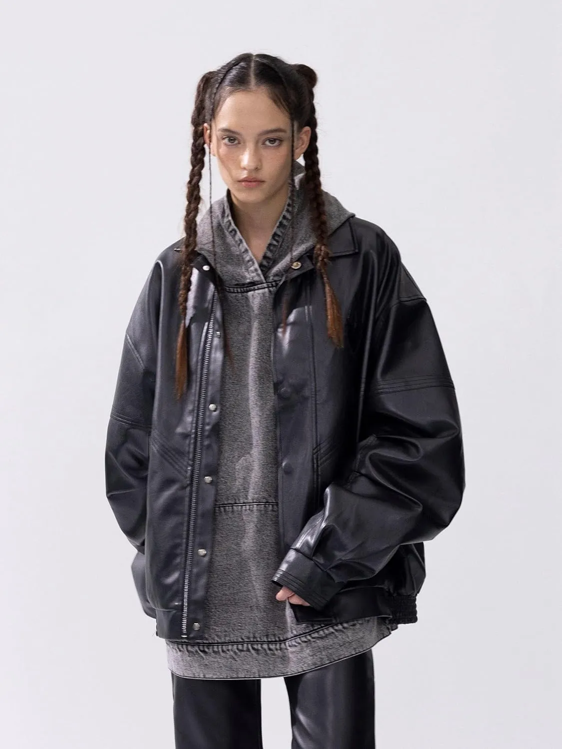 Aelfric Eden Womens Faux Leather Jacket Y2k Motorcycle Bomber Jackets Oversized Moto Jacket Streetwear