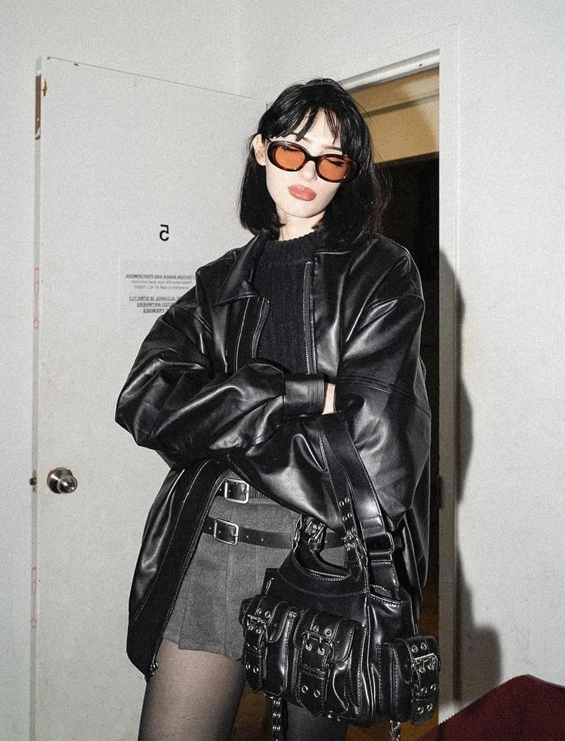 Aelfric Eden Womens Faux Leather Jacket Y2k Motorcycle Bomber Jackets Oversized Moto Jacket Streetwear