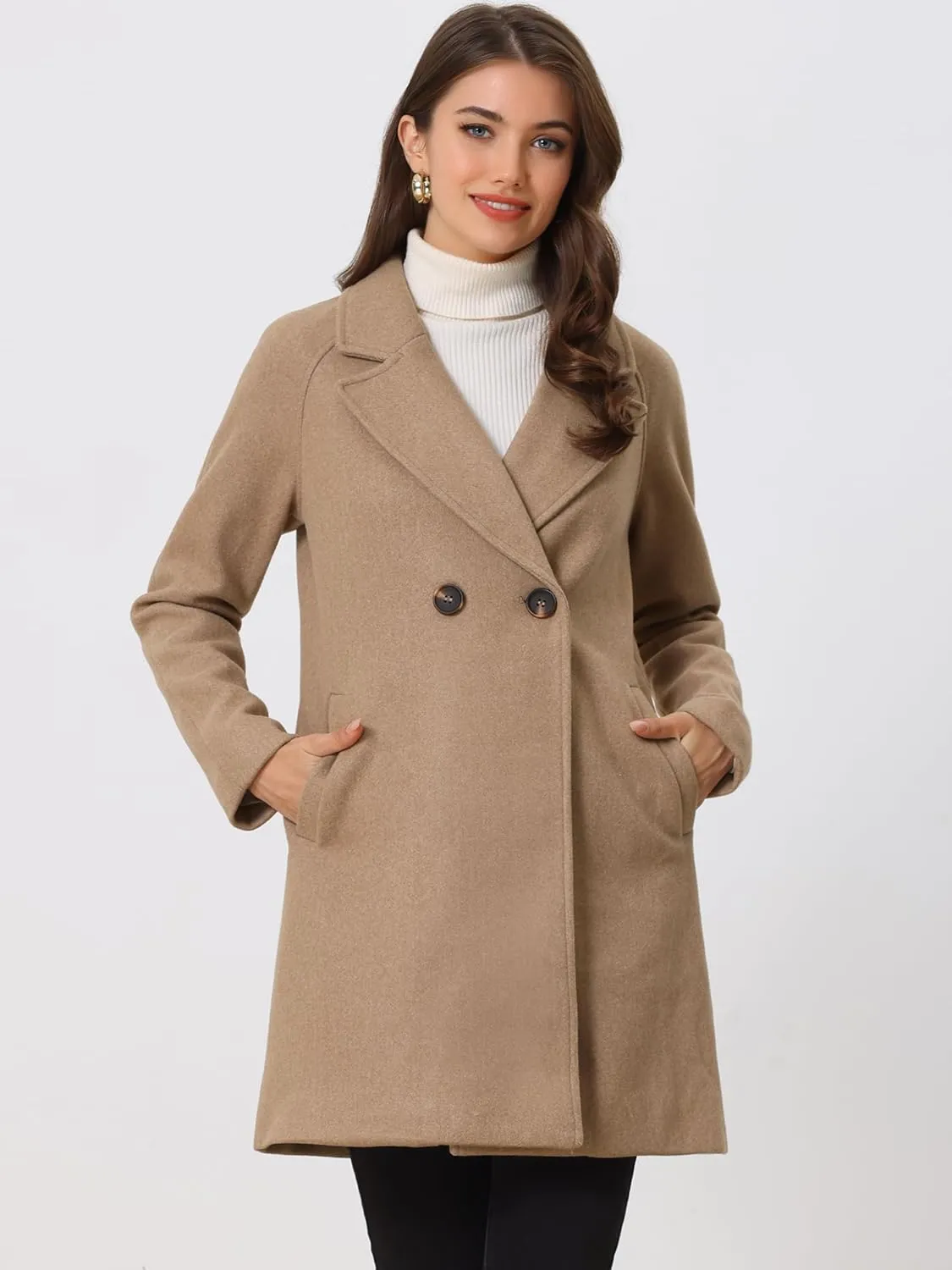 Allegra K Women's Notched Lapel Double Breasted Raglan Winter Coats