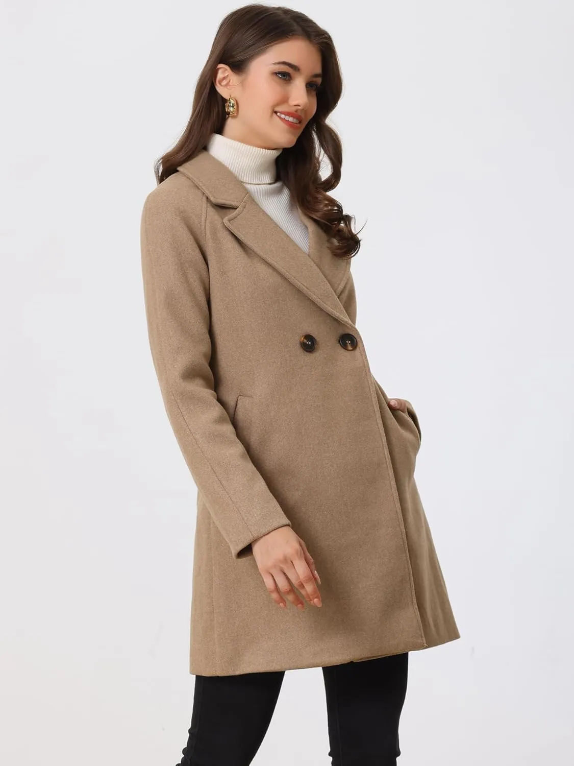 Allegra K Women's Notched Lapel Double Breasted Raglan Winter Coats
