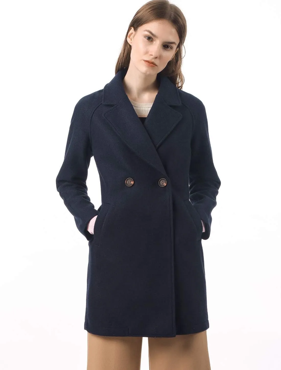 Allegra K Women's Notched Lapel Double Breasted Raglan Winter Coats