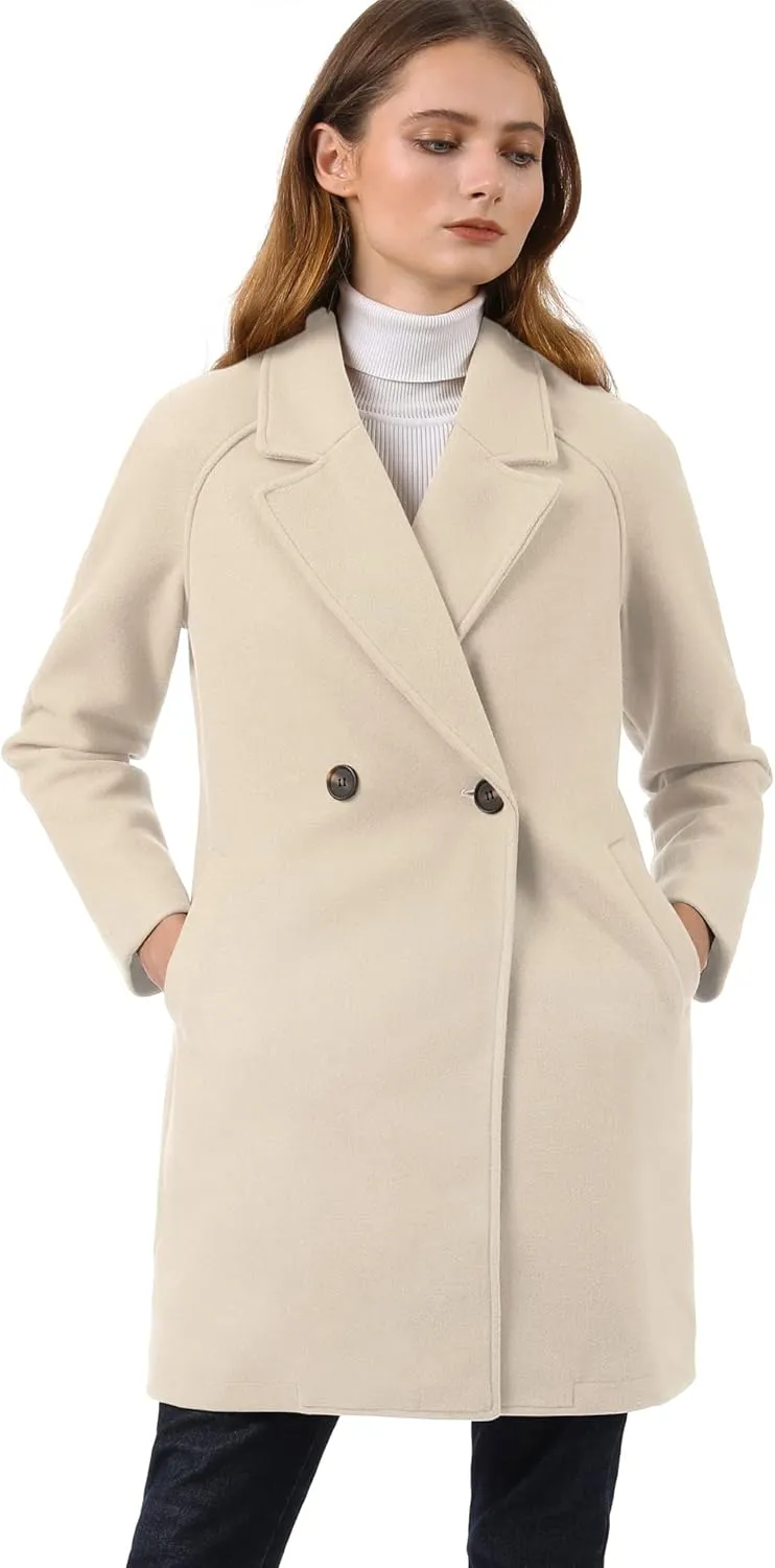 Allegra K Women's Notched Lapel Double Breasted Raglan Winter Coats