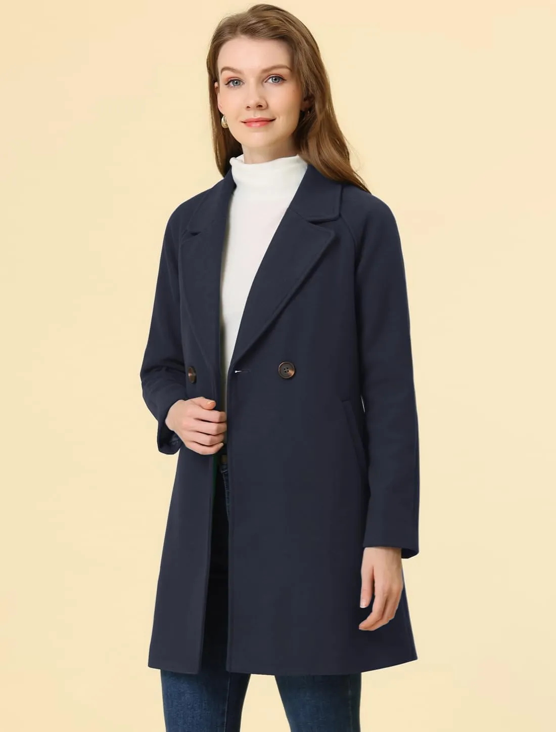 Allegra K Women's Notched Lapel Double Breasted Raglan Winter Coats