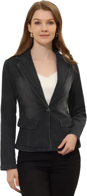 Allegra K Women's Notched Lapel One Button Long Sleeve Washed Business Denim Blazer