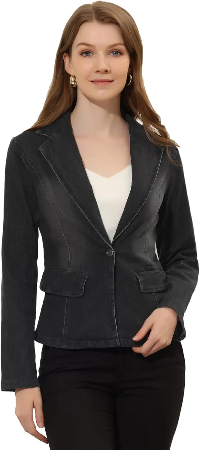 Allegra K Women's Notched Lapel One Button Long Sleeve Washed Business Denim Blazer