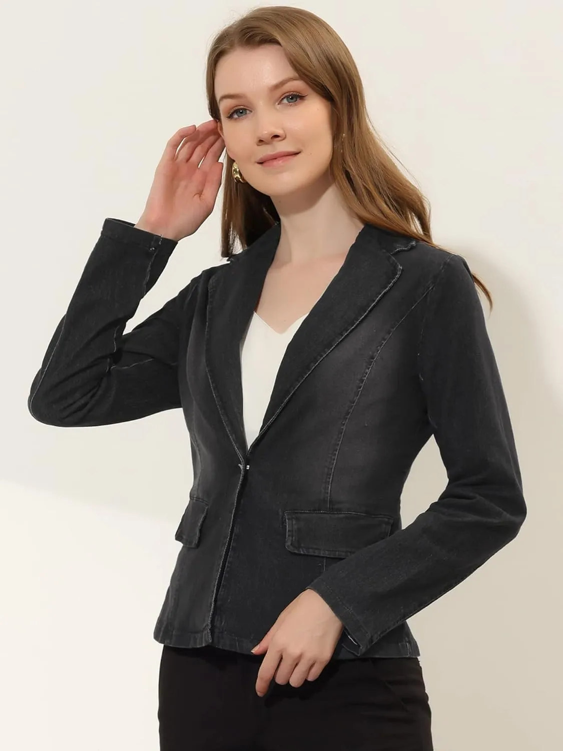 Allegra K Women's Notched Lapel One Button Long Sleeve Washed Business Denim Blazer