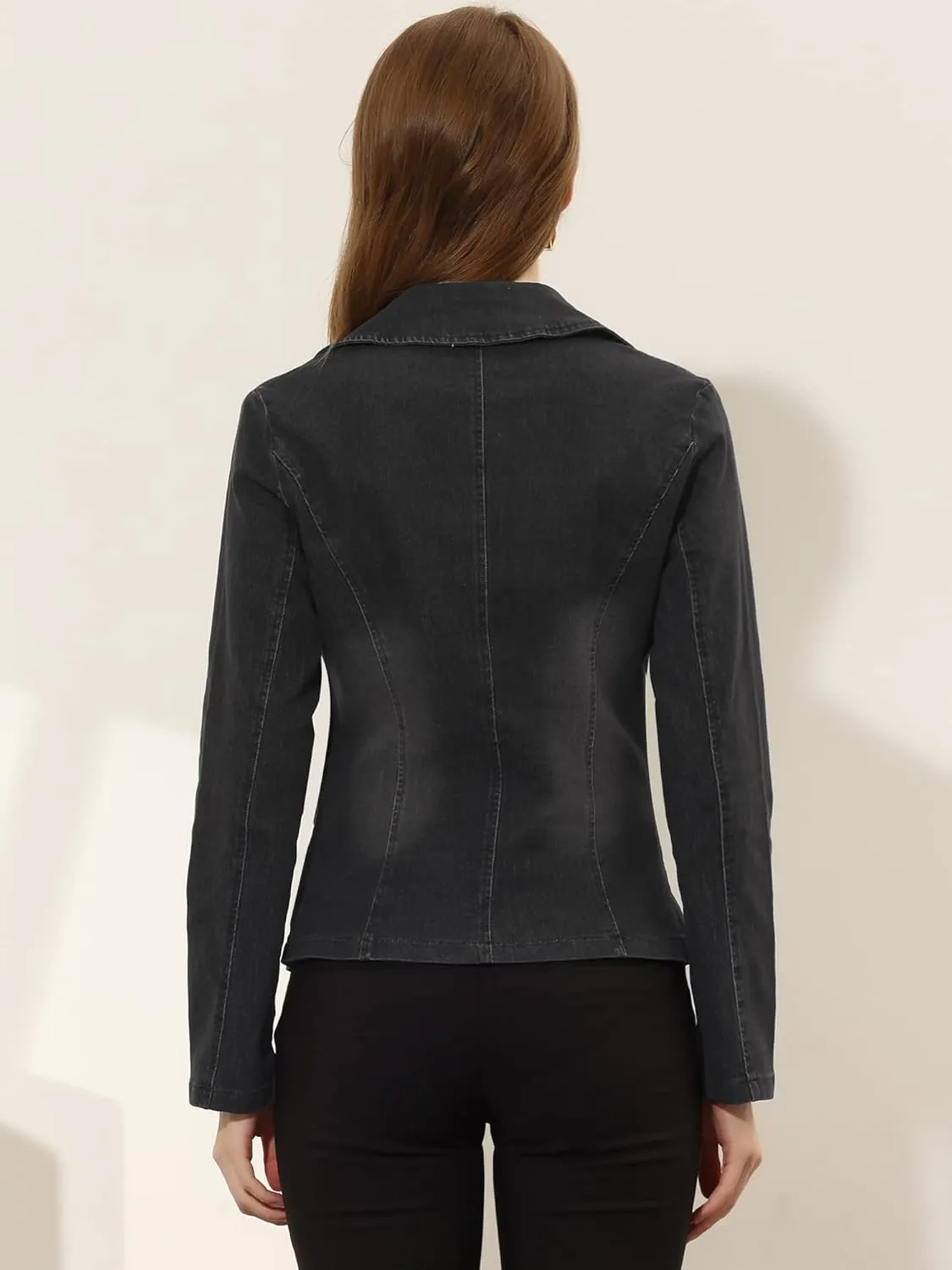 Allegra K Women's Notched Lapel One Button Long Sleeve Washed Business Denim Blazer