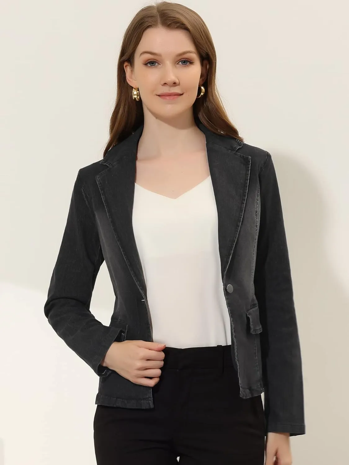 Allegra K Women's Notched Lapel One Button Long Sleeve Washed Business Denim Blazer