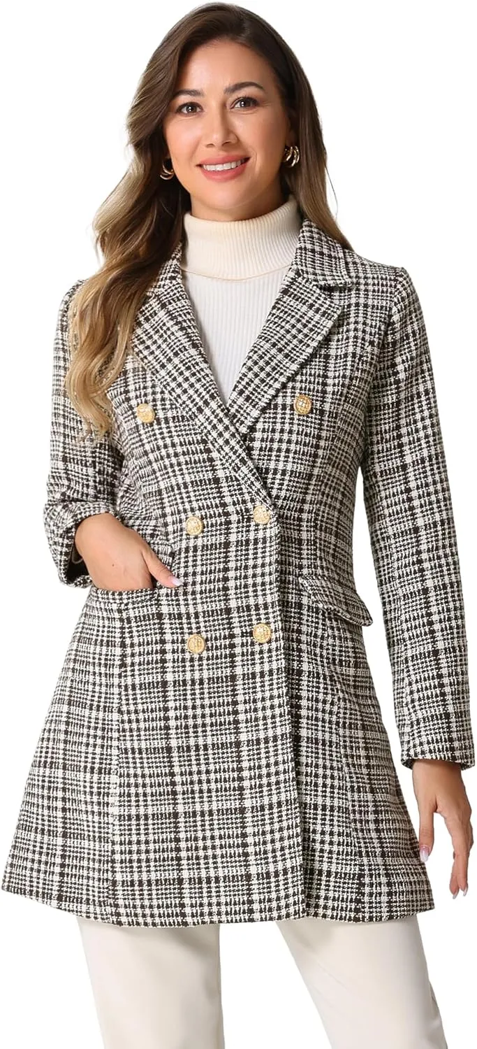 Allegra K Women's Plaid Tweed Coat Elegant Lapel Collar Double Breasted Blazer Outerwear