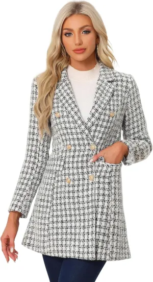 Allegra K Women's Plaid Tweed Coat Elegant Lapel Collar Double Breasted Blazer Outerwear