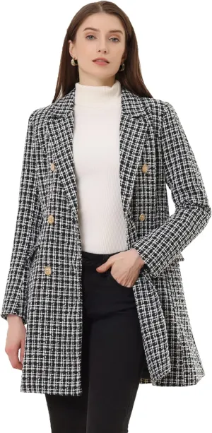 Allegra K Women's Plaid Tweed Coat Elegant Lapel Collar Double Breasted Blazer Outerwear