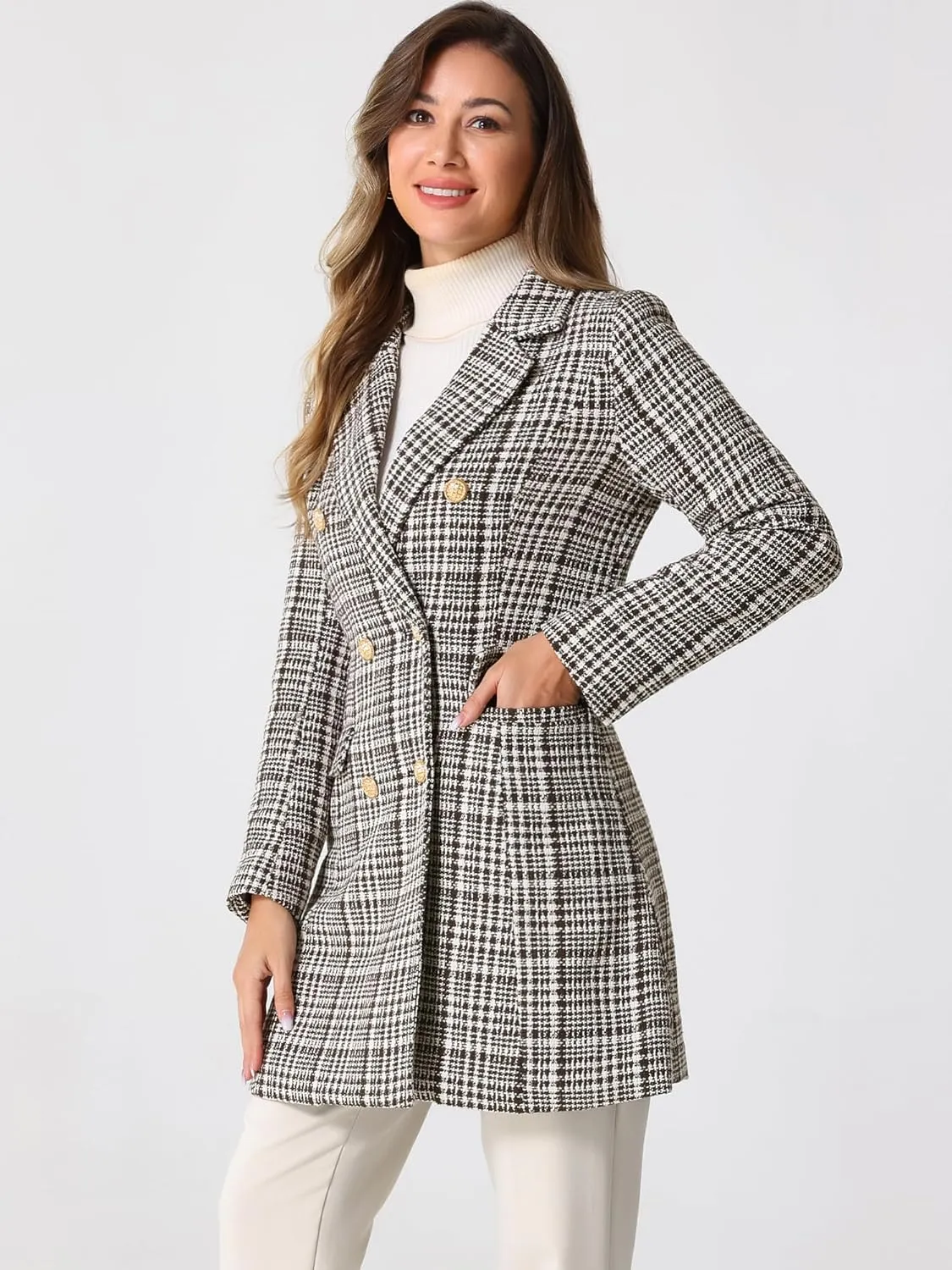 Allegra K Women's Plaid Tweed Coat Elegant Lapel Collar Double Breasted Blazer Outerwear
