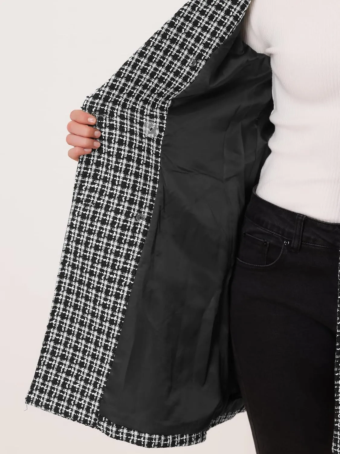 Allegra K Women's Plaid Tweed Coat Elegant Lapel Collar Double Breasted Blazer Outerwear