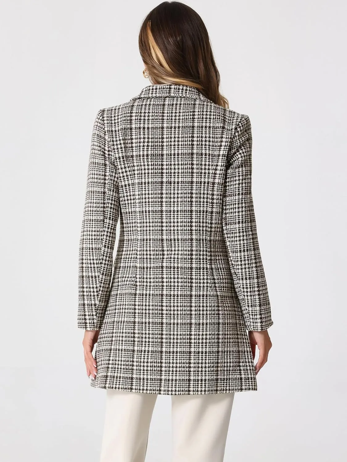 Allegra K Women's Plaid Tweed Coat Elegant Lapel Collar Double Breasted Blazer Outerwear