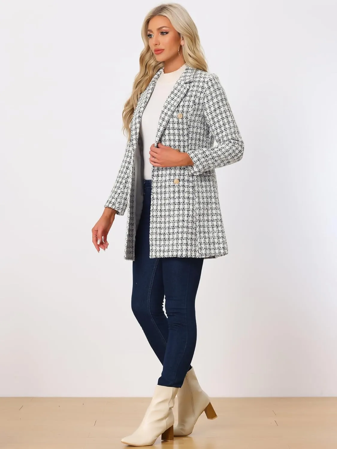 Allegra K Women's Plaid Tweed Coat Elegant Lapel Collar Double Breasted Blazer Outerwear
