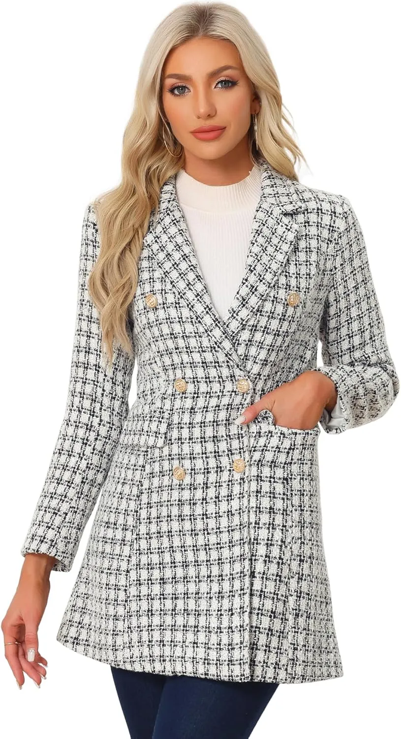Allegra K Women's Plaid Tweed Coat Elegant Lapel Collar Double Breasted Blazer Outerwear
