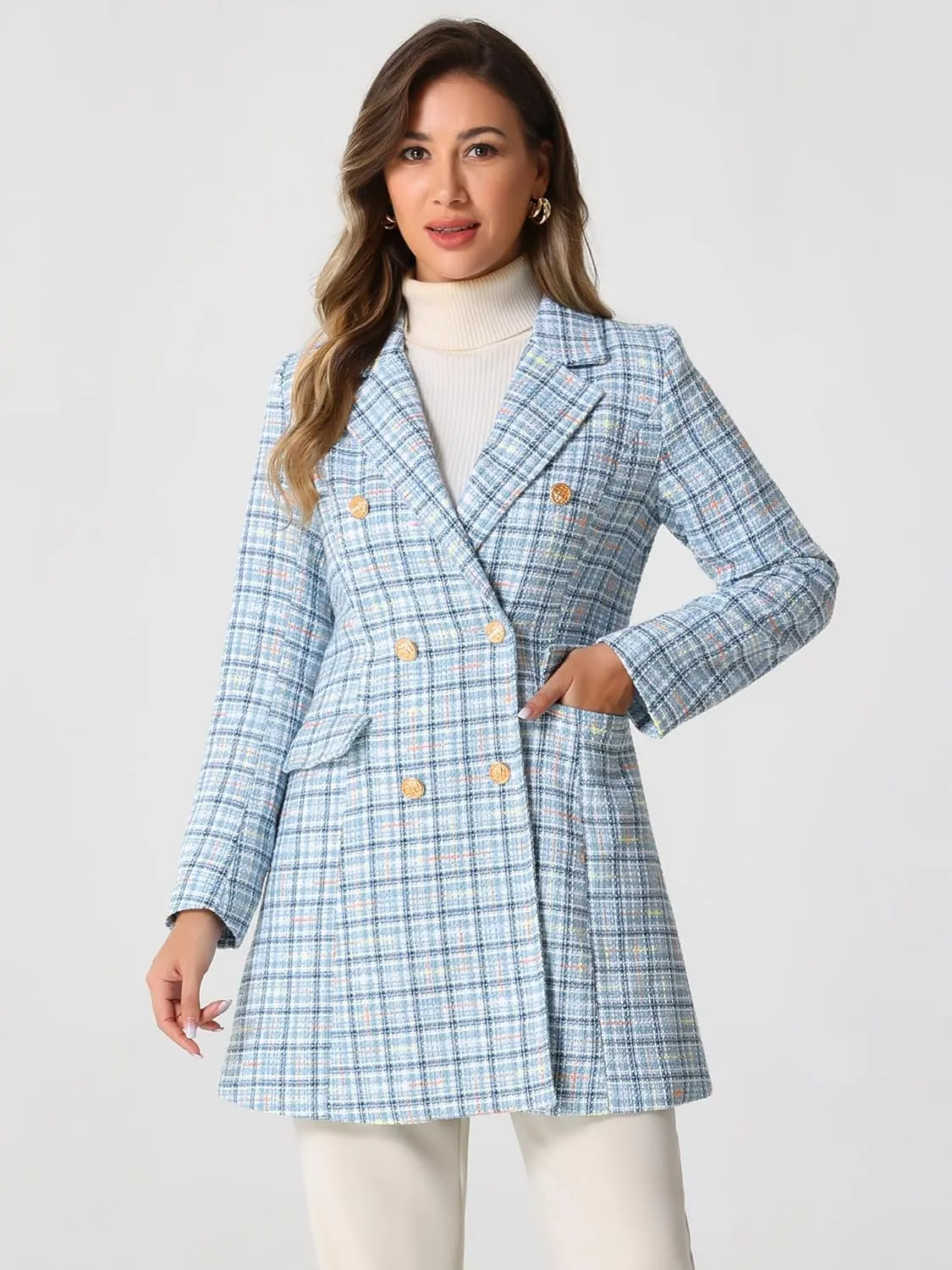 Allegra K Women's Plaid Tweed Coat Elegant Lapel Collar Double Breasted Blazer Outerwear