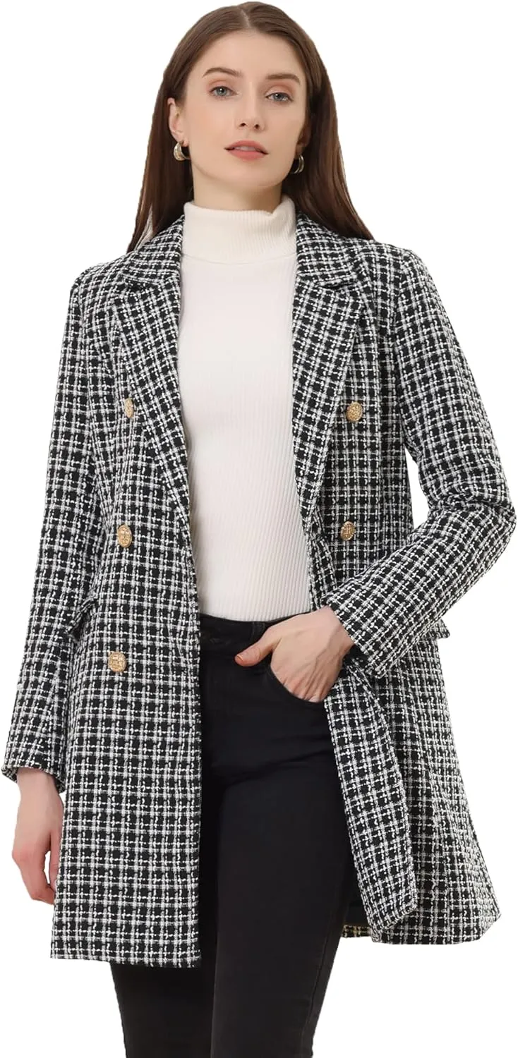 Allegra K Women's Plaid Tweed Coat Elegant Lapel Collar Double Breasted Blazer Outerwear