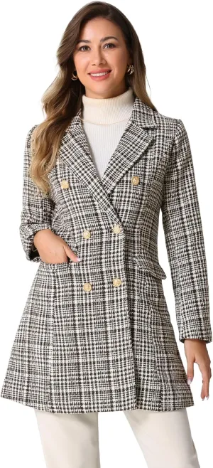 Allegra K Women's Plaid Tweed Coat Elegant Lapel Collar Double Breasted Blazer Outerwear
