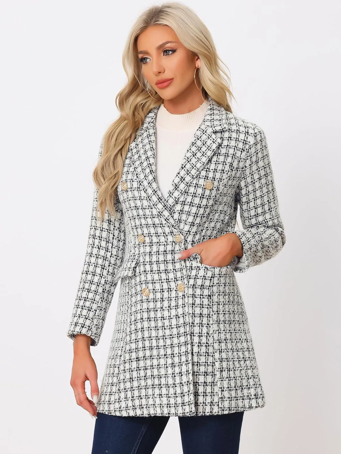 Allegra K Women's Plaid Tweed Coat Elegant Lapel Collar Double Breasted Blazer Outerwear