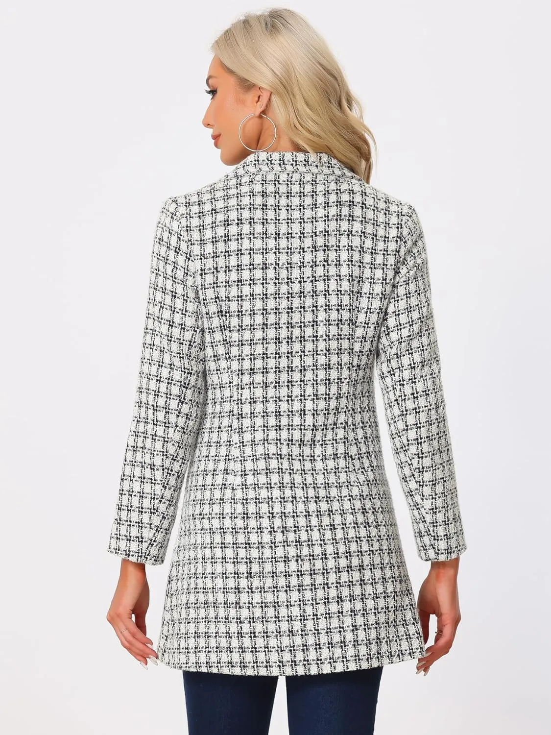 Allegra K Women's Plaid Tweed Coat Elegant Lapel Collar Double Breasted Blazer Outerwear