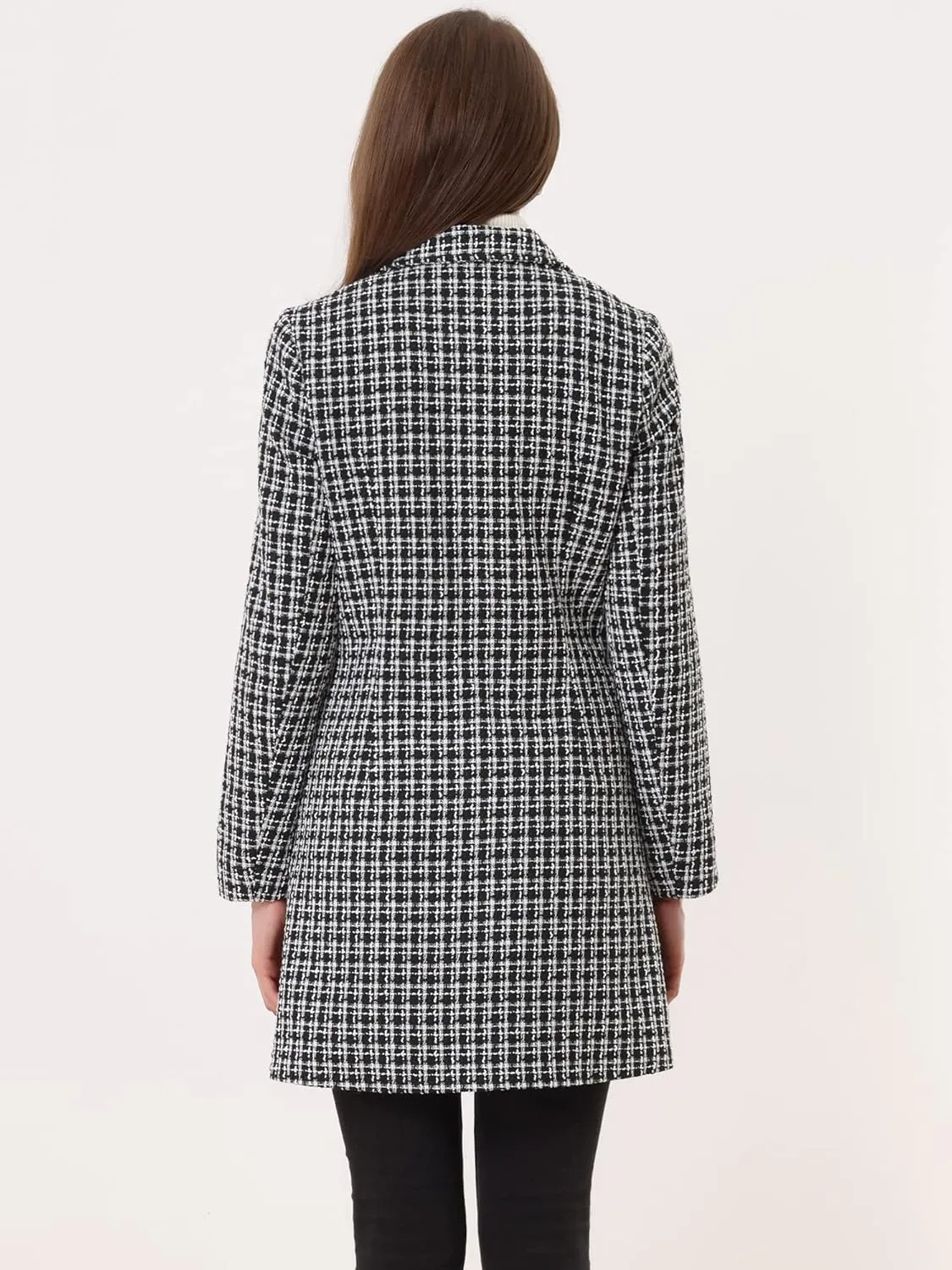 Allegra K Women's Plaid Tweed Coat Elegant Lapel Collar Double Breasted Blazer Outerwear