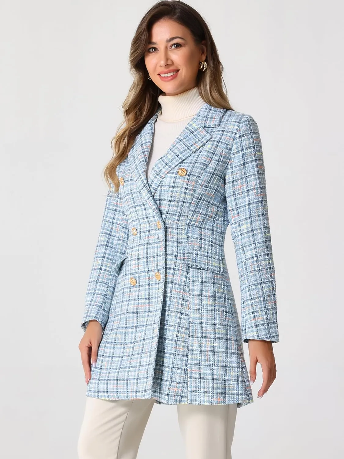 Allegra K Women's Plaid Tweed Coat Elegant Lapel Collar Double Breasted Blazer Outerwear