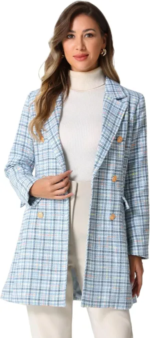Allegra K Women's Plaid Tweed Coat Elegant Lapel Collar Double Breasted Blazer Outerwear