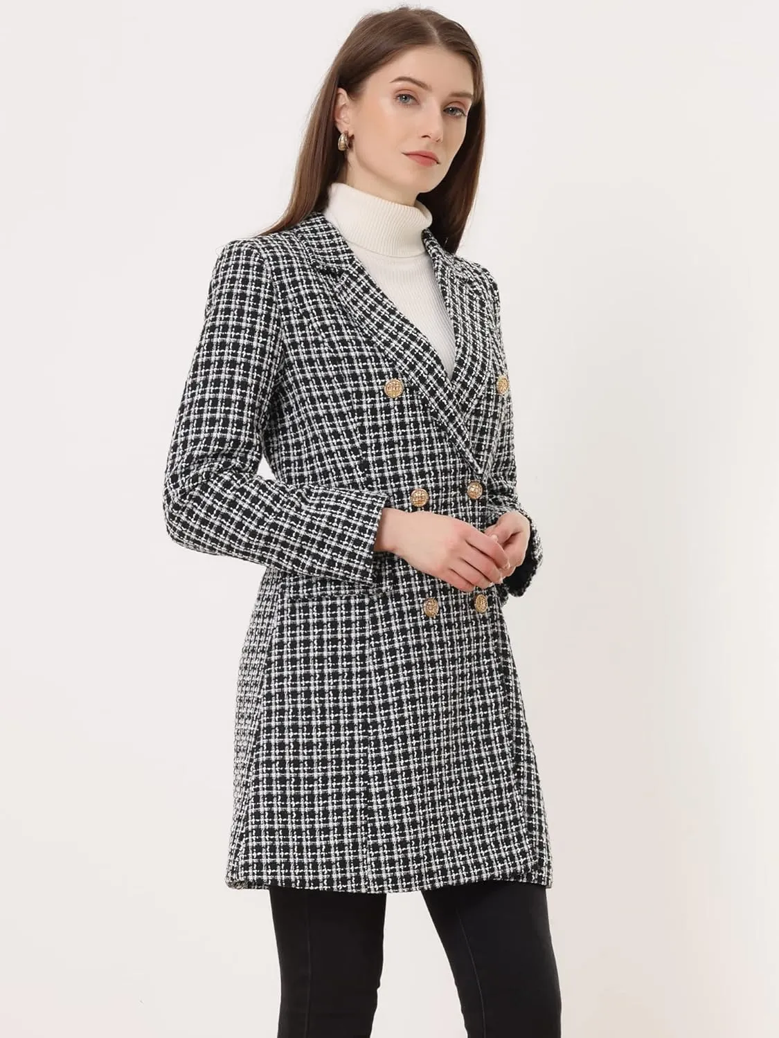 Allegra K Women's Plaid Tweed Coat Elegant Lapel Collar Double Breasted Blazer Outerwear