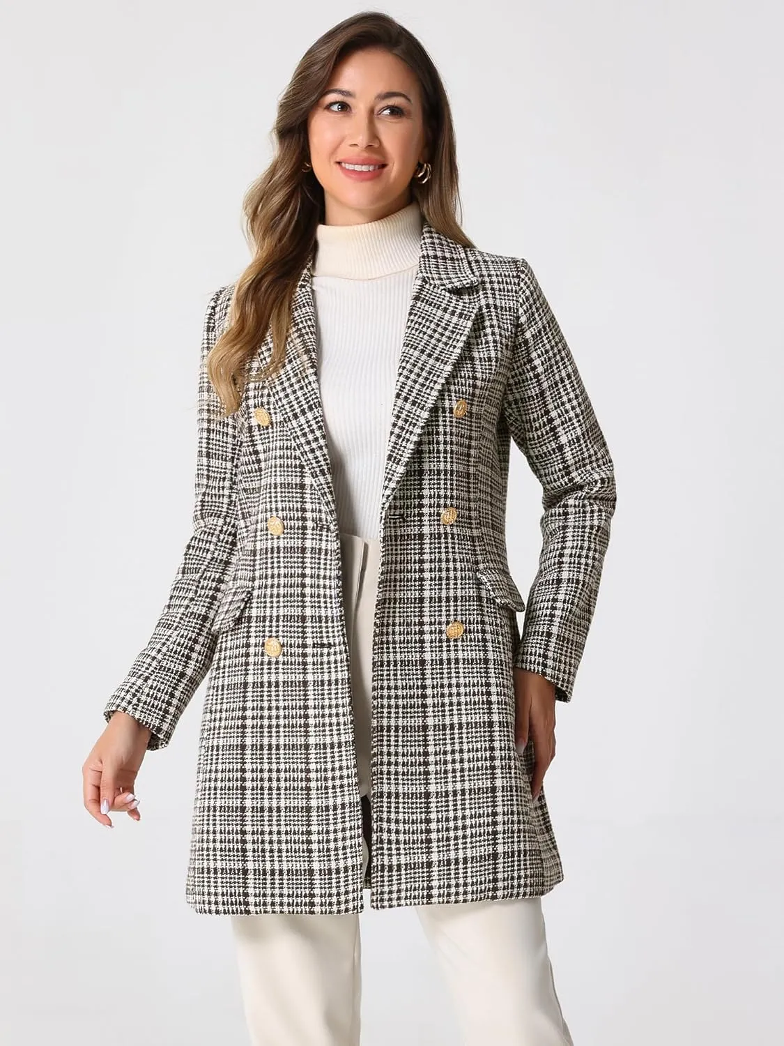 Allegra K Women's Plaid Tweed Coat Elegant Lapel Collar Double Breasted Blazer Outerwear