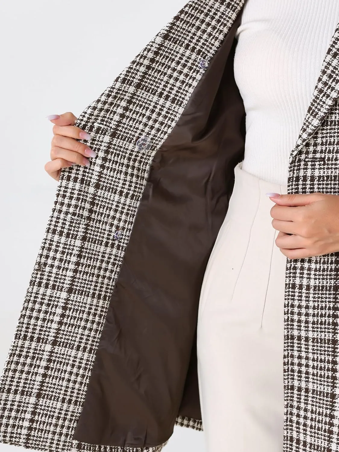 Allegra K Women's Plaid Tweed Coat Elegant Lapel Collar Double Breasted Blazer Outerwear