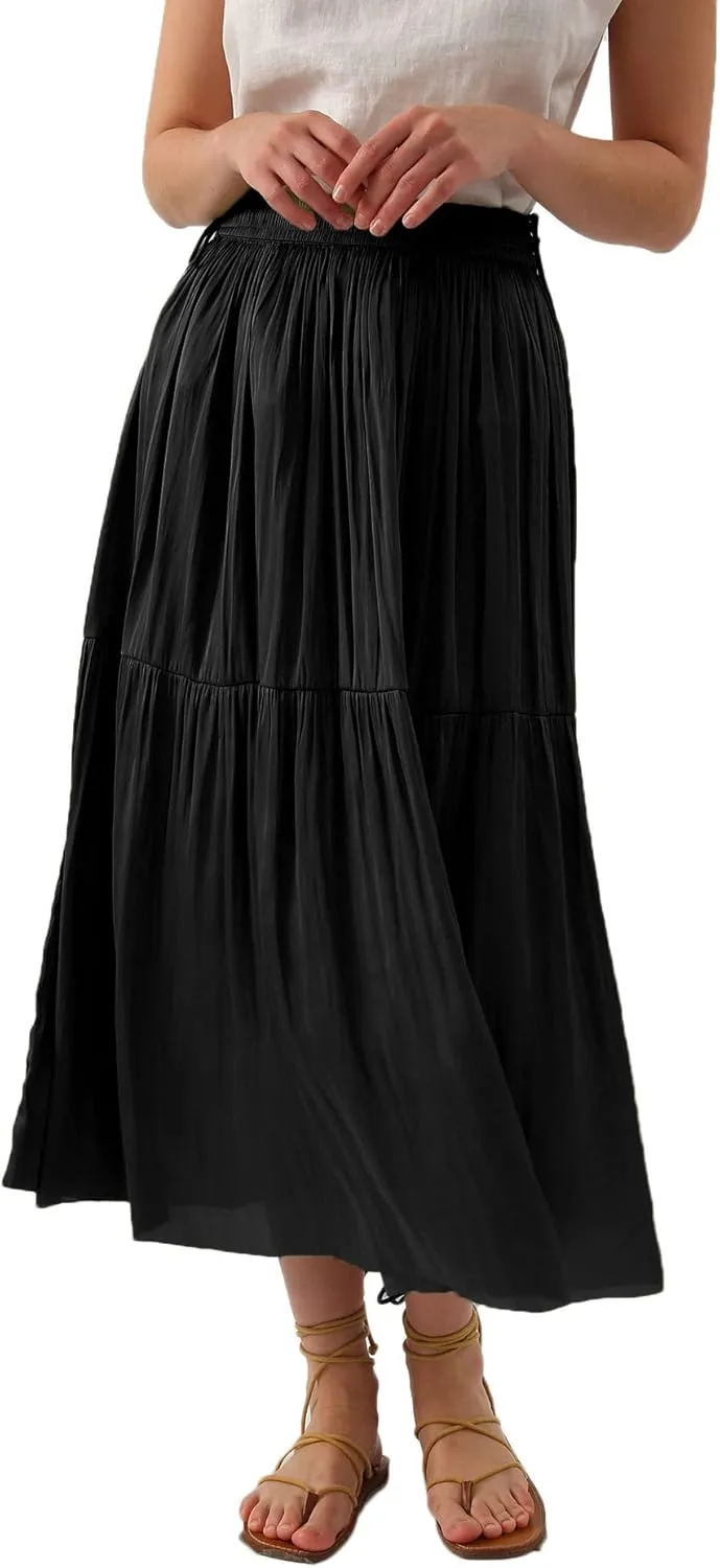 Amazhiyu Womens Pleated A Line High Waist Midi Skirt with Drawstring Elastic Waistband