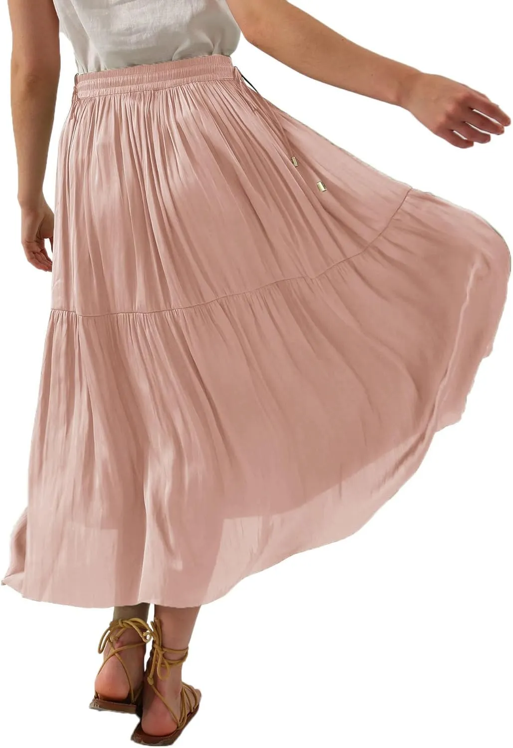 Amazhiyu Womens Pleated A Line High Waist Midi Skirt with Drawstring Elastic Waistband