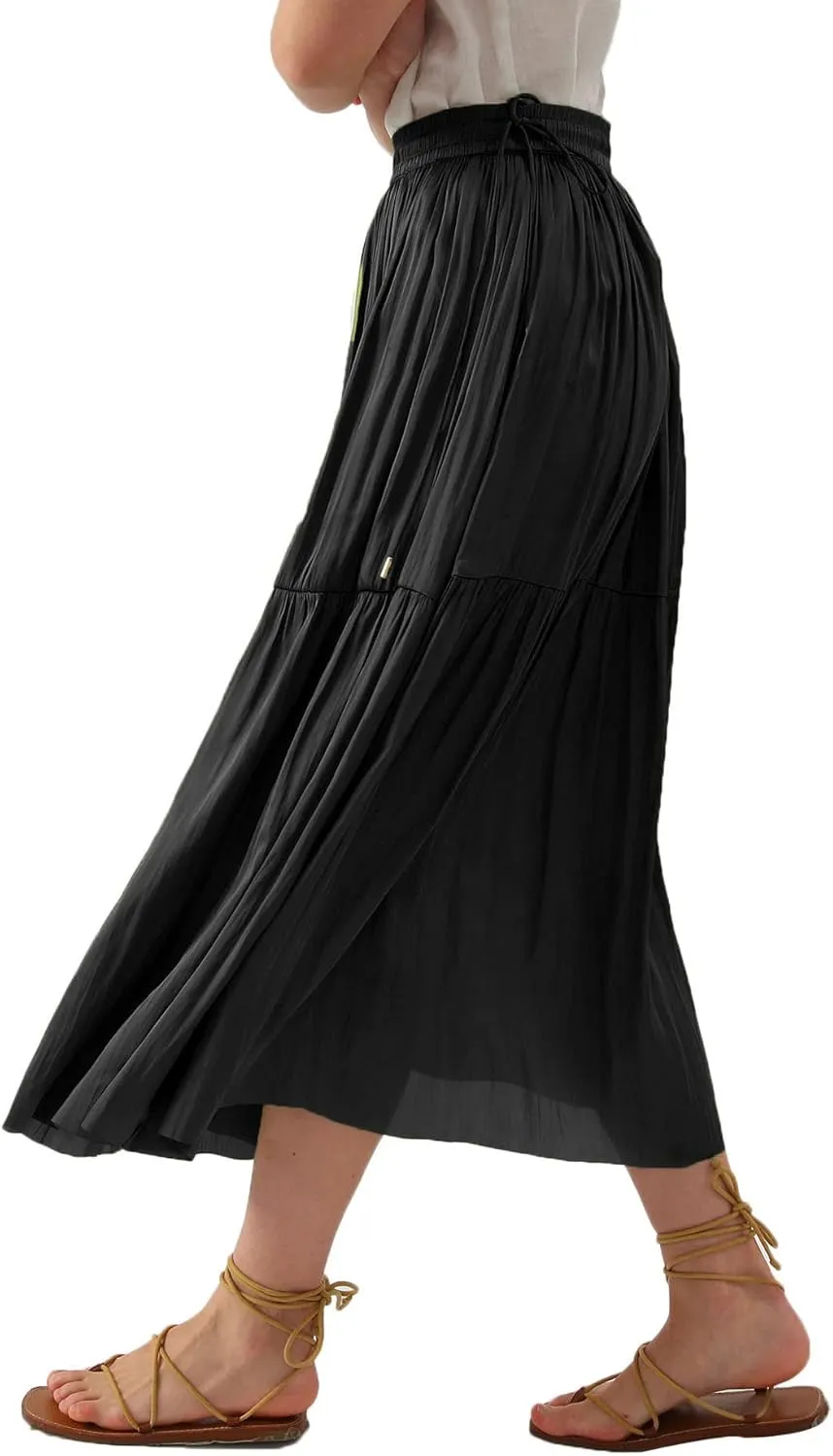 Amazhiyu Womens Pleated A Line High Waist Midi Skirt with Drawstring Elastic Waistband