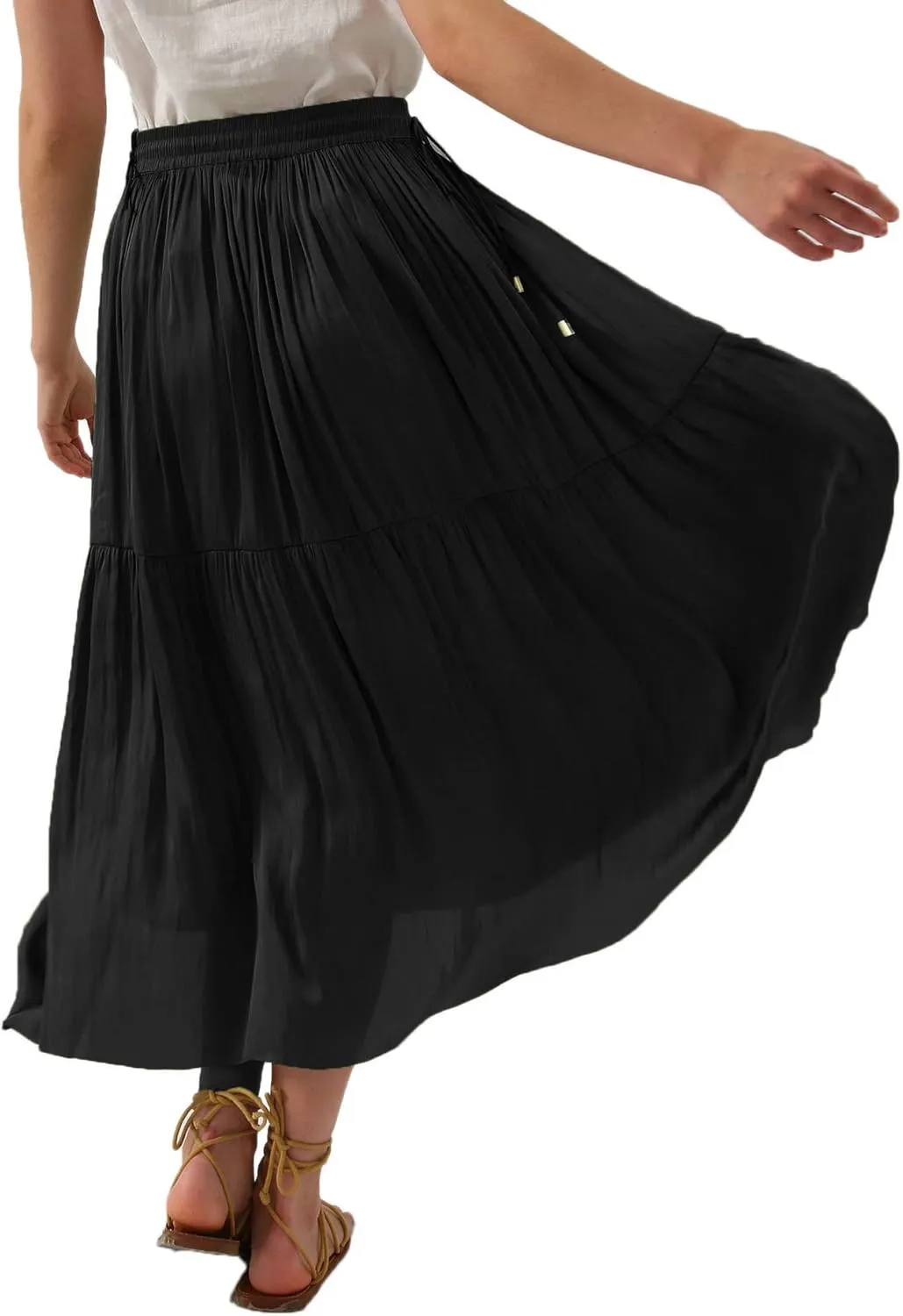 Amazhiyu Womens Pleated A Line High Waist Midi Skirt with Drawstring Elastic Waistband