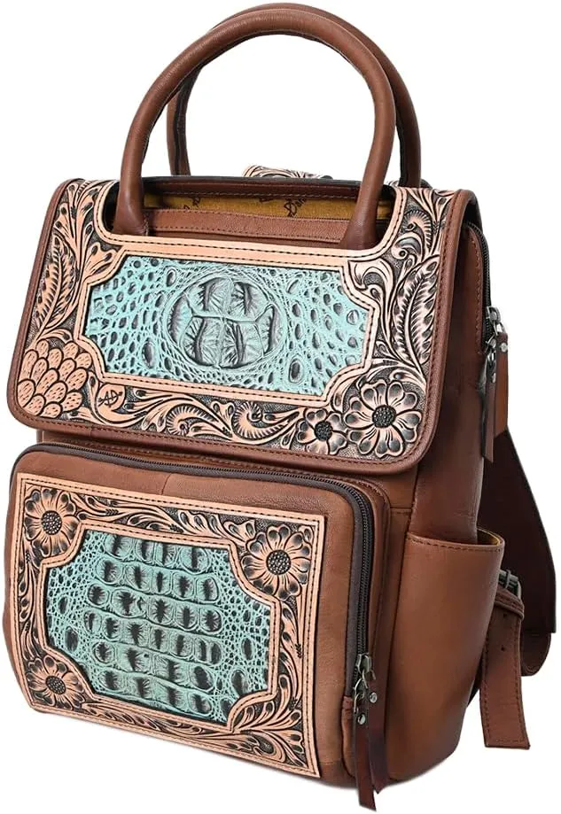 American Darling Backpack Hand Tooled Crocodile embossed Genuine Leather women bag western handbag purse, Black